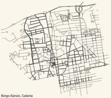 İtalya 'nın bölgesel başkenti Catania, İtalya' nın çeyrek Borgo-Sanzio bölgesinin klasik bej arka planında ayrıntılı navigasyon şehir yolları haritası