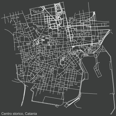 İtalya 'nın bölgesel başkenti Catania, İtalya' nın çeyrek Centro storico bölgesinin koyu gri arka planı üzerinde ayrıntılı negatif navigasyon kentsel yol haritası