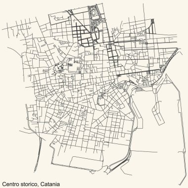 İtalya 'nın bölgesel başkenti Catania, İtalya' nın çeyrek Centro storico bölgesinin klasik bej arka planında ayrıntılı navigasyon şehir yolları haritası
