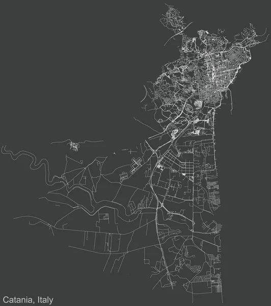 İtalya 'nın bölgesel başkenti Catania, İtalya' nın koyu gri arka planı üzerinde ayrıntılı negatif navigasyon kentsel yol haritası