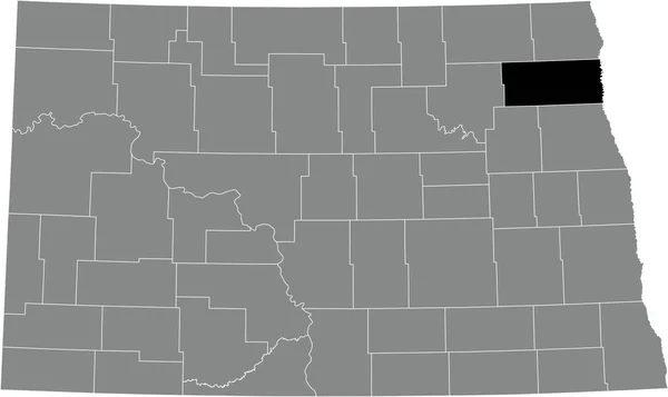 ノースダコタ州の灰色の行政地図の中のウォルシュ郡の黒いハイライトされた場所 — ストックベクタ
