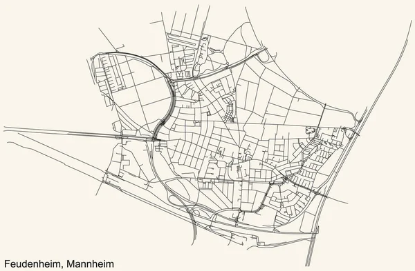 Gedetailleerde Kaart Met Beige Achtergrond Van Wijk Feudenheim Duitse Hoofdstad — Stockvector