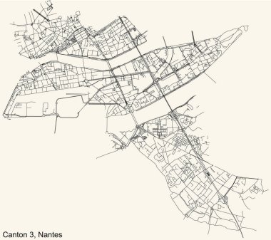 Fransa 'nın başkenti Nantes' in çeyrek Canton-3 bölgesinin klasik bej arka planında ayrıntılı navigasyon şehir yolları haritası