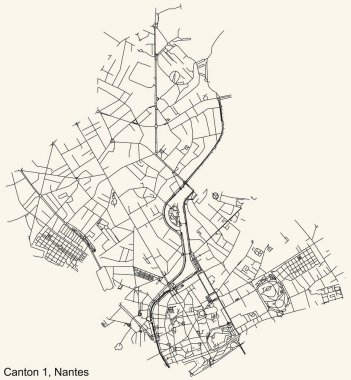 Fransa 'nın başkenti Nantes' in çeyrek Canton-1 bölgesinin klasik bej arka planında ayrıntılı navigasyon şehir yolları haritası