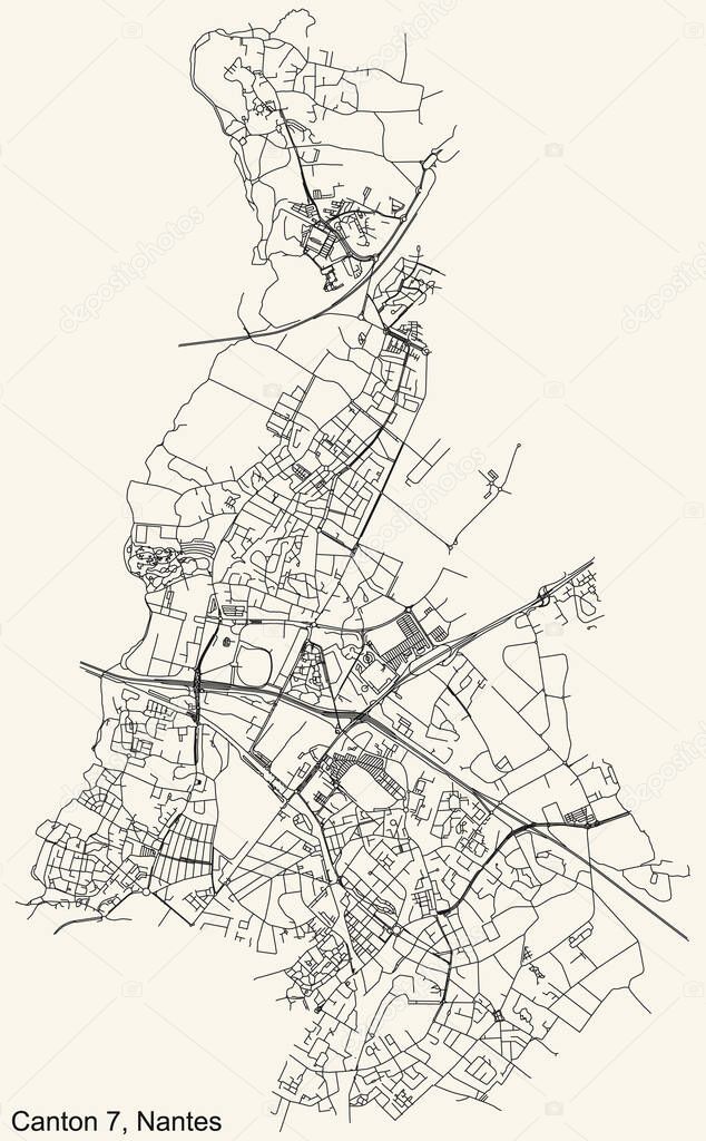 Detailed navigation urban street roads map on vintage beige background of the quarter Canton-7 district of the French capital city of Nantes, France