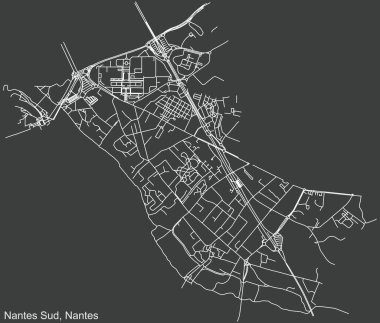 Fransa 'nın başkenti Nantes' in Quartier Nantes-Sud bölgesinin koyu gri arkaplanındaki şehir haritası