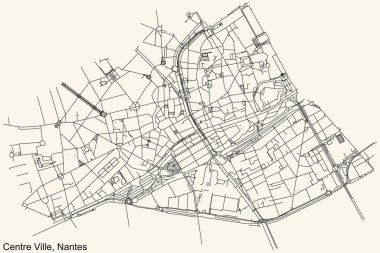 Fransa 'nın başkenti Fransa' nın Nantes kentinin Quartier Centre-ville bölgesinin klasik bej arka planında ayrıntılı navigasyon şehir yolları haritası