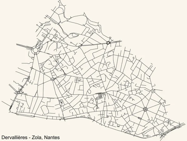 Detaillierte Straßenkarte Auf Beigem Hintergrund Des Viertels Dervallires Zola Der — Stockvektor
