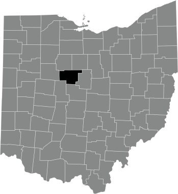 Black highlighted location map of the Marion County inside gray administrative map of the Federal State of Ohio, USA clipart