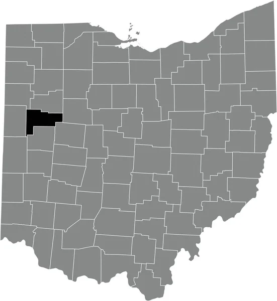 美国俄亥俄州联邦州灰色行政地图内的Auglaize县的黑色醒目位置图 — 图库矢量图片