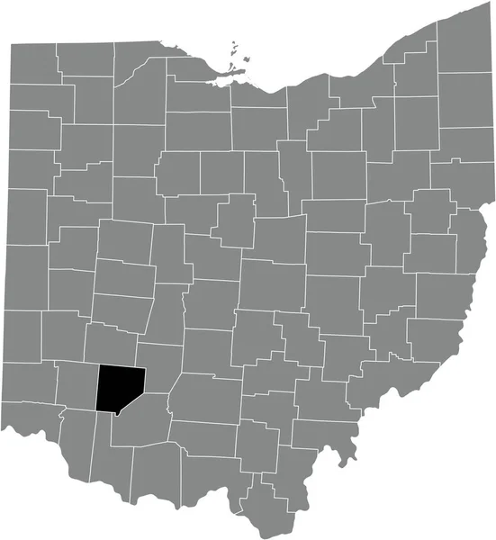 オハイオ州連邦政府の灰色の行政地図の中にあるクリントン郡の黒いハイライトされた位置図 — ストックベクタ