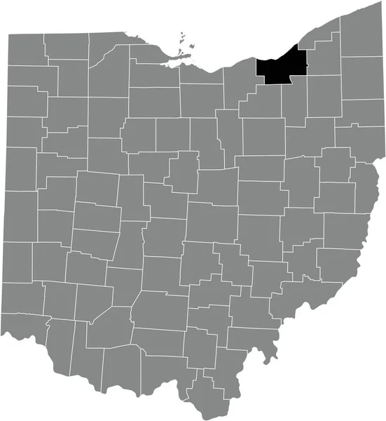 美国俄亥俄联邦州灰色行政地图内的Cuyahoga县的黑色突出显示位置图 — 图库矢量图片