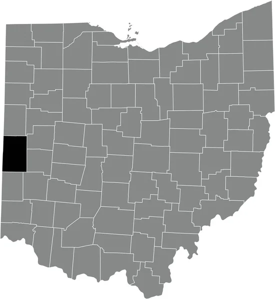 美国俄亥俄联邦州灰色行政地图内的黑暗县的黑色突出显示位置图 — 图库矢量图片