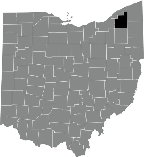 美国俄亥俄联邦州灰色行政地图内Geauga县的黑色突出显示位置图 — 图库矢量图片