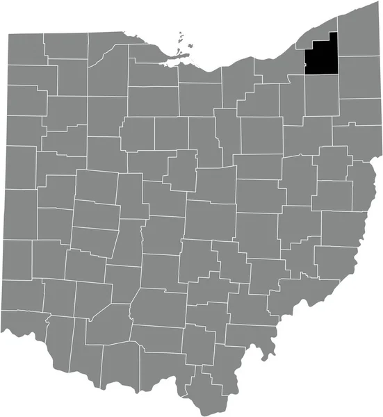 Black Podkreślił Mapę Lokalizacji Hrabstwa Geauga Wewnątrz Szarej Mapy Administracyjnej — Wektor stockowy