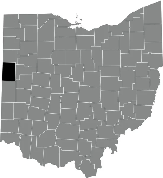 オハイオ州連邦政府の灰色の行政地図の中のマーサー郡の黒いハイライト表示された場所 — ストックベクタ