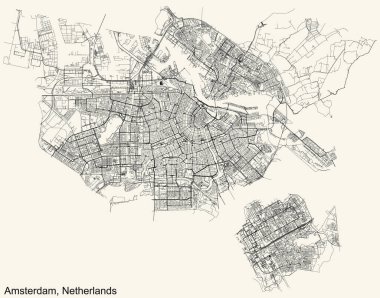 Hollanda 'nın başkenti Amsterdam' ın klasik bej arka planında ayrıntılı navigasyon kentsel yol haritası