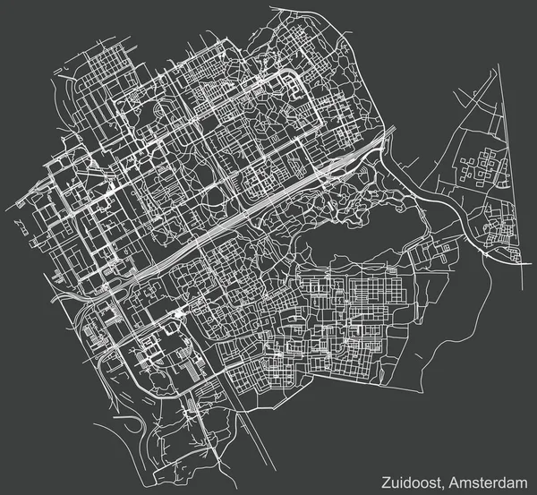 荷兰首都阿姆斯特丹Zuidoost 区深灰色背景的城市道路详细负面导航图 — 图库矢量图片