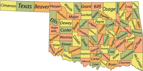 オクラホマ州連邦政府のパステルベクトル管理図黒枠とその郡の名前のタグ — ストックベクタ