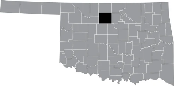 オクラホマ州連邦政府の灰色の行政地図の中にあるガーフィールド郡の黒いハイライトされた位置図 — ストックベクタ