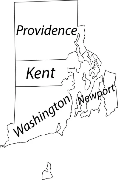 米国ロードアイランド州の白いベクトル管理図黒の境界線とその郡の名前のタグ — ストックベクタ