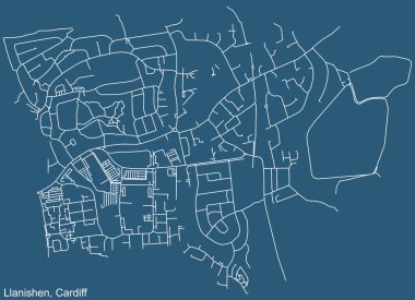 Birleşik Krallık 'ın başkenti Cardiff' in çeyrek Llanishen seçim koğuşunun mavi teknik arka plan üzerindeki ayrıntılı navigasyon kentsel yol haritası