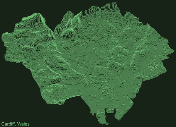 Topografische Smaragdgroene Reliëfkaart Van Cardiff Verenigd Koninkrijk Met Witte Contourlijnen — Stockvector