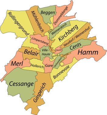 Lüksemburg, Lüksemburg 'daki şehir merkezinin siyah kenarlı ve isim etiketli basit pastel vektör haritası