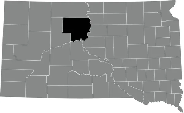 南ダコタ州の灰色の行政地図の中のデューイ郡の黒いハイライトされた場所の地図 — ストックベクタ