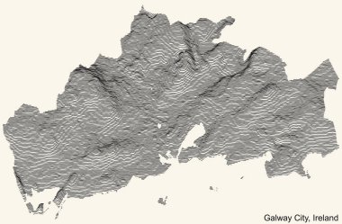 İrlanda 'nın Galway şehrinin topografik yardım haritası. Klasik bej arka planda siyah çizgiler var.