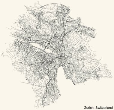 İsviçre 'nin bölgesel başkenti Zürih, İsviçre' nin klasik bej arka planında ayrıntılı navigasyon kentsel yol haritası