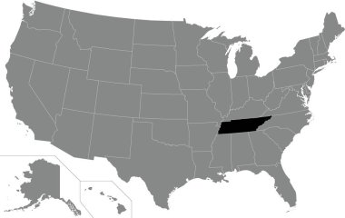 Black highlighted location administrative map of the US Federal State of Tennessee inside gray map of the United States of America clipart