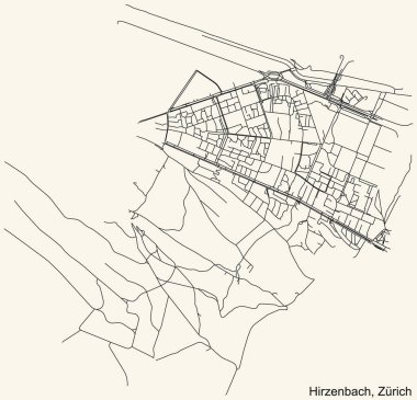 İsviçre 'nin bölgesel başkenti Zürih' in Hirzenbach Mahallesi 'nin klasik bej arka planında ayrıntılı navigasyon şehir yolları haritası