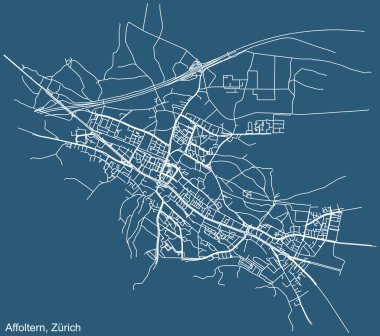 İsviçre 'nin bölgesel başkenti Zürih' in Afoltern Quarter semtinin mavi arka planında detaylı teknik navigasyon kentsel yol haritası