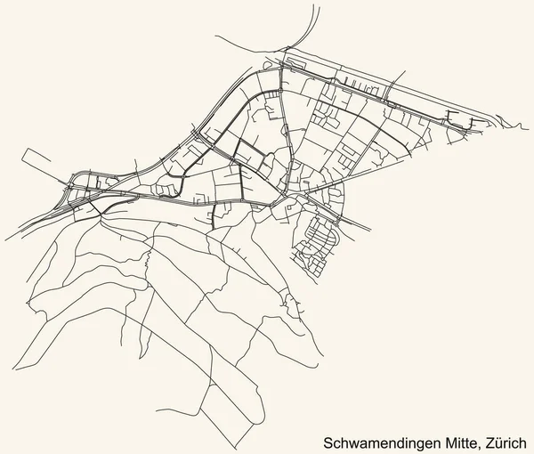 İsviçre 'nin bölgesel başkenti Zürih' in Schwamendingen-Mitte Mahallesi 'nin klasik bej arka planına ilişkin ayrıntılı navigasyon şehir yolları haritası