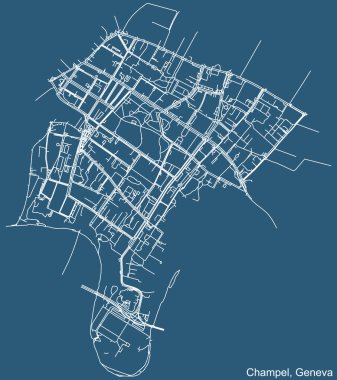 İsviçre 'nin bölgesel başkenti Cenevre' nin Champel Bölgesi 'nin mavi arka planında detaylı teknik navigasyon kentsel yol haritası