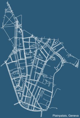 İsviçre 'nin bölgesel başkenti Cenevre' nin Plainpalais Bölgesi 'nin mavi arka planında detaylı teknik navigasyon kentsel yol haritası