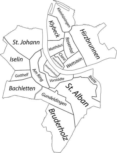 Проста Біла Векторна Мапа Чорними Кордонами Міськими Міськими Районами Базеля — стоковий вектор