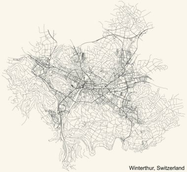 İsviçre 'nin bölgesel başkenti Winterthur, İsviçre' nin klasik bej arka planında ayrıntılı navigasyon kentsel yol haritası