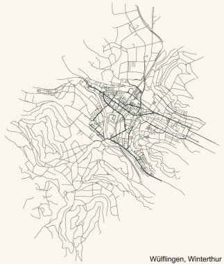 İsviçre 'nin bölgesel başkenti Winterthur' un Kreis 6 Wlflingen Bölgesi 'nin klasik bej arka planında ayrıntılı navigasyon şehir yolları haritası