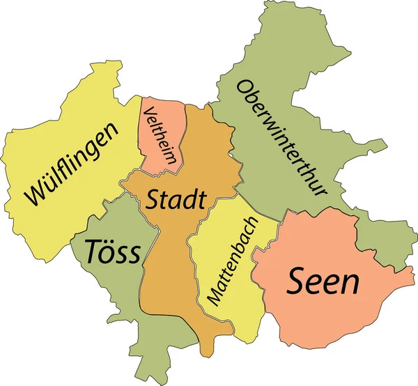 Jednoduchá Pastelová Vektorová Mapa Černými Okraji Jmenovkami Městských Částí Winterthur — Stockový vektor