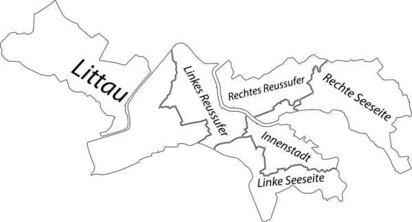 Eenvoudige Witte Vectorkaart Met Zwarte Randen Naamplaatjes Van Stedelijke Stadsdelen — Stockvector