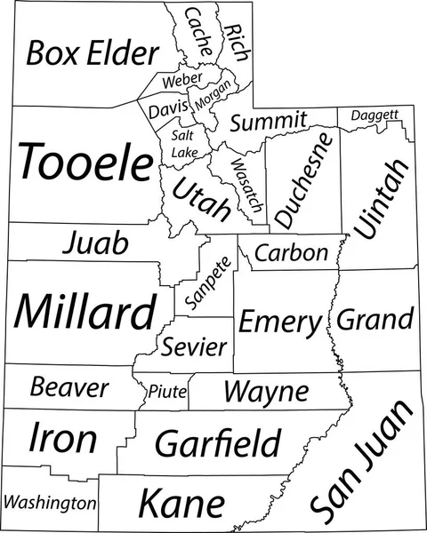 美国犹他州白色矢量行政地图 有黑色边界及其各州的名称标签 — 图库矢量图片