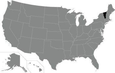 Black highlighted location administrative map of the US Federal State of Vermont inside gray map of the United States of America clipart