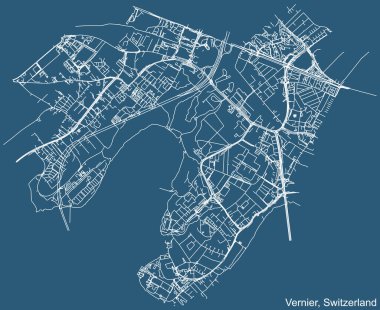 İsviçre 'nin bölgesel başkenti Vernier' in mavi arka planında ayrıntılı teknik navigasyon kentsel yol haritası