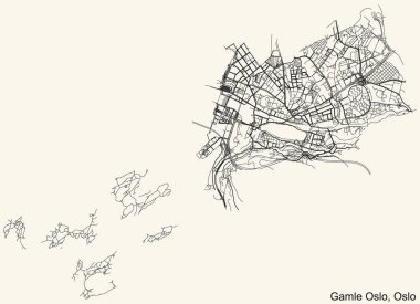 Norveç 'in başkenti Oslo' nun çeyrek Gamle Oslo İlçesi 'nin klasik bej arka planında ayrıntılı navigasyon kentsel yol haritası