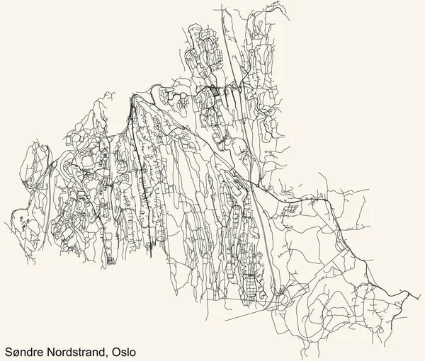 挪威首都奥斯陆Sndre Nordstrand Borough小区旧式米色背景的详细导航城市街道路线图 — 图库矢量图片
