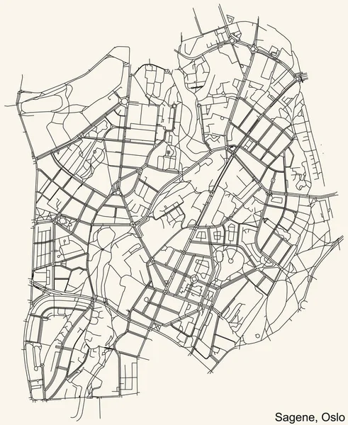 Detaillierte Navigation Stadtplan Auf Beigem Hintergrund Des Viertels Sagene Borough — Stockvektor