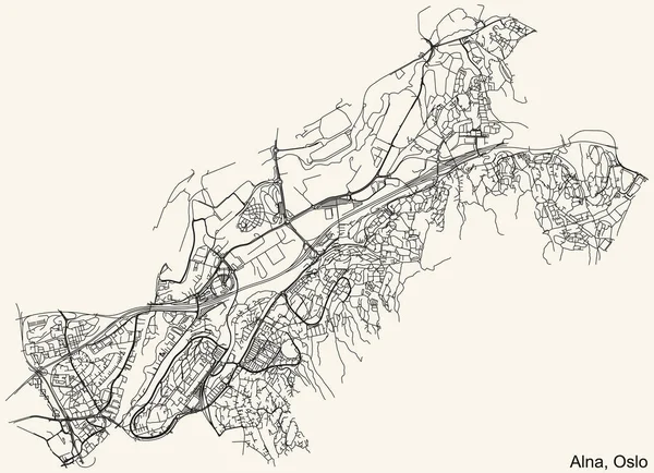 挪威首都奥斯陆Alna Borough区旧式米色背景的详细导航城市街道路线图 — 图库矢量图片