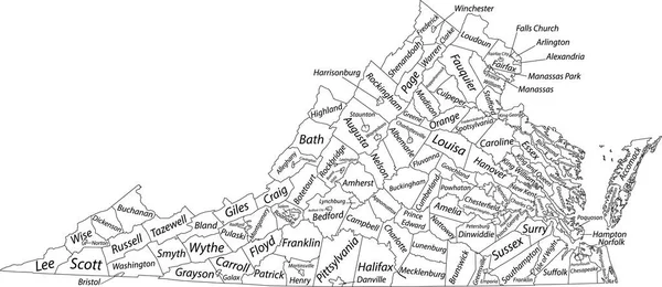 バージニア州の白いベクトル管理マップ 黒い境界線とその郡の名前タグを持つ米国 — ストックベクタ